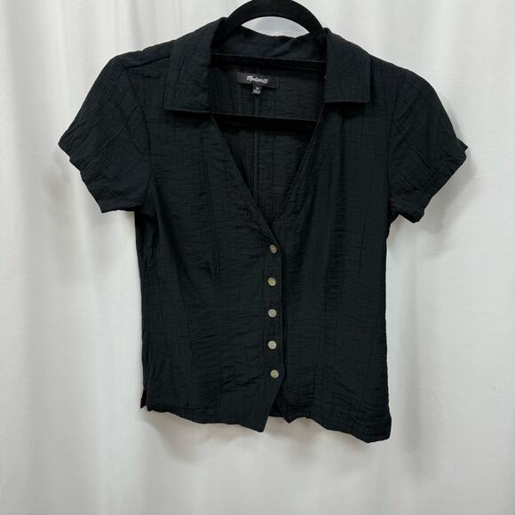 Madewell Notched V-Neck Button Up Top Black Collared Mother of Pearl Buttons XS - Picture 1 of 5